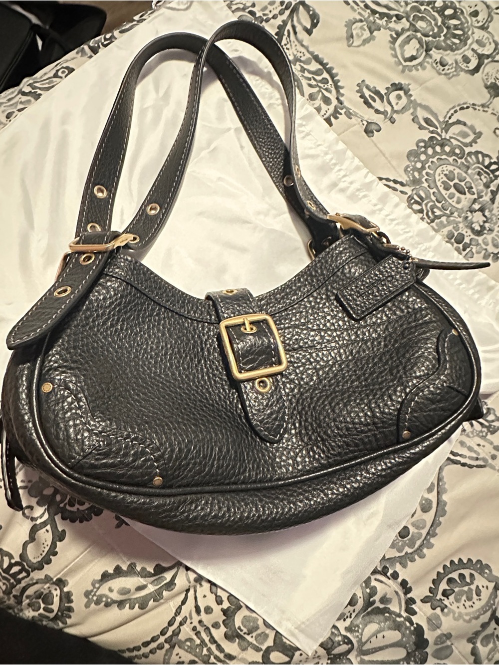 Coach Black Pebbled Leather Shoulder Bag with Gold Hardware Buckle